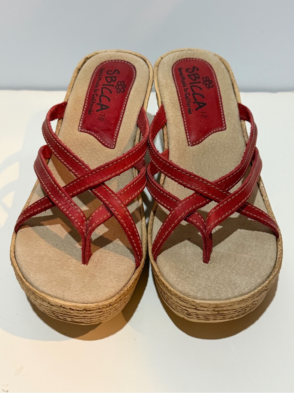 NWOT SBICCA Leather Straps Wedge Sandals Hand Made In California - Red - Sz 10